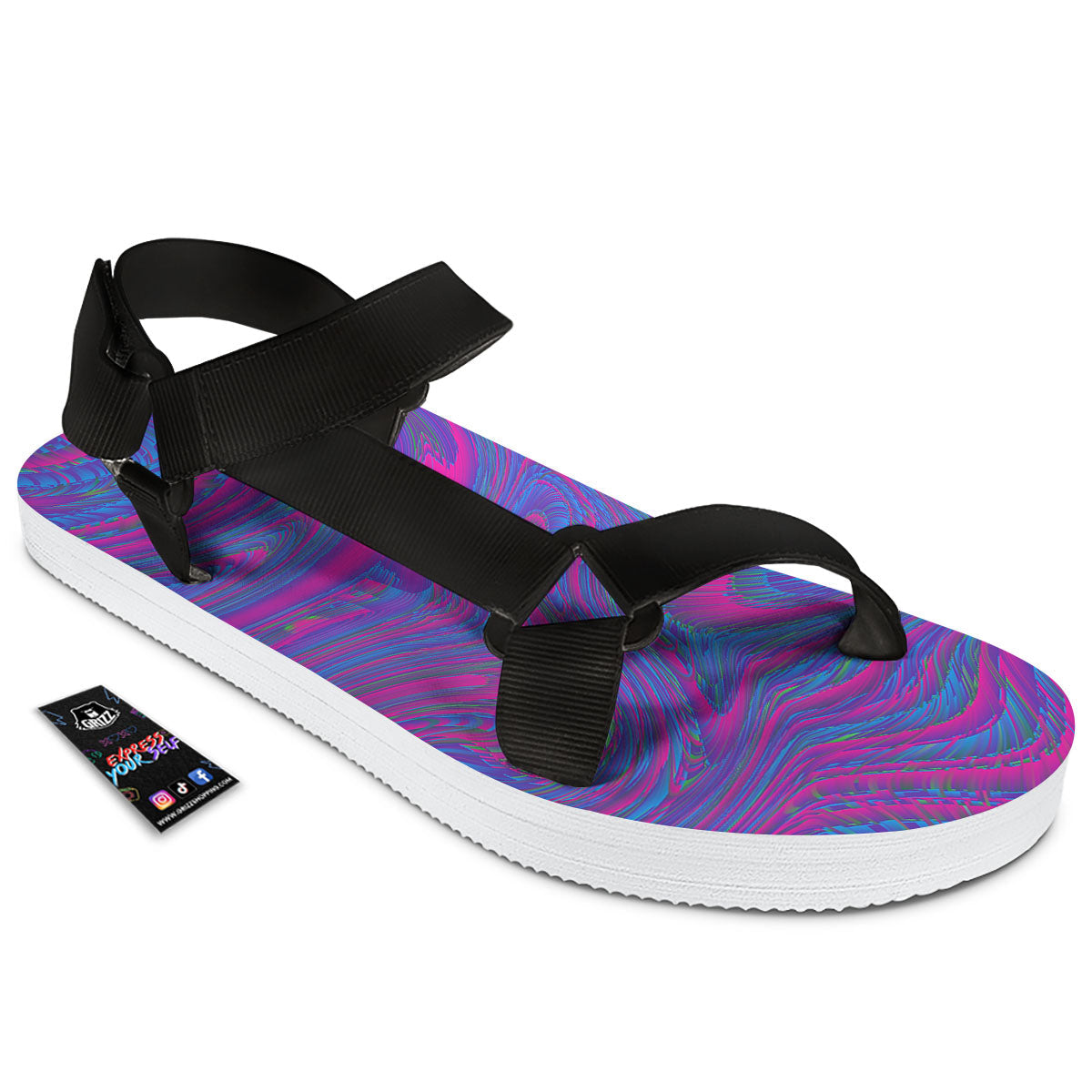 Trippy Psychedelic Purple Print Black Open Toe Sandals-grizzshop