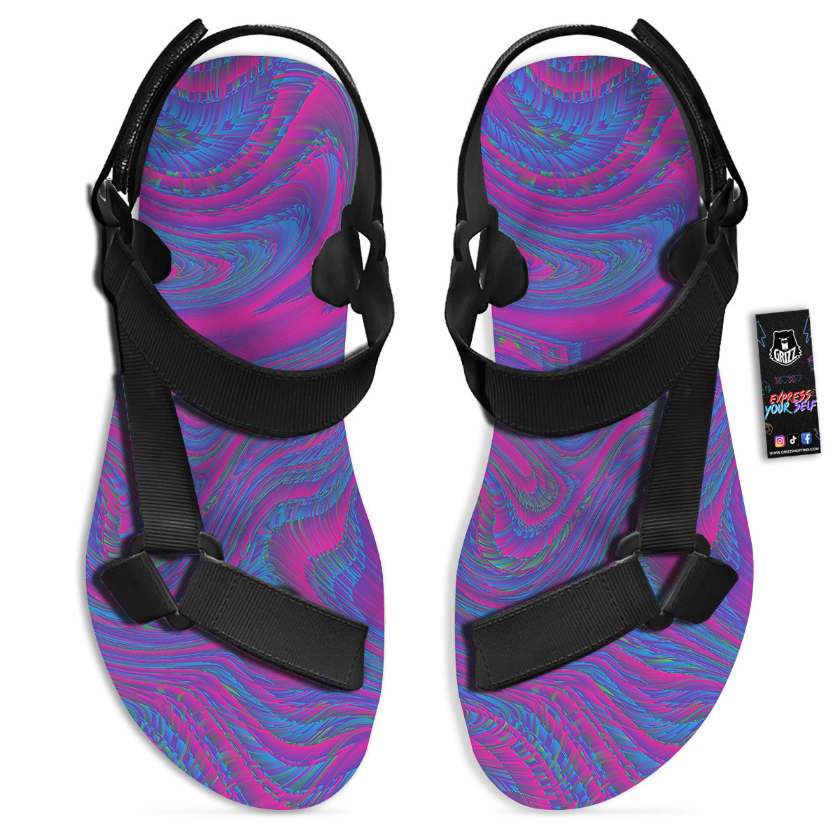 Trippy Psychedelic Purple Print Black Open Toe Sandals-grizzshop