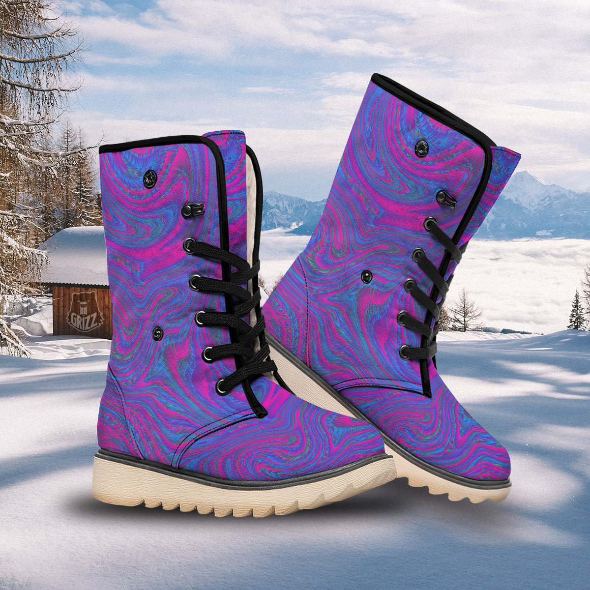 Trippy Psychedelic Purple Print Snow Boots-grizzshop