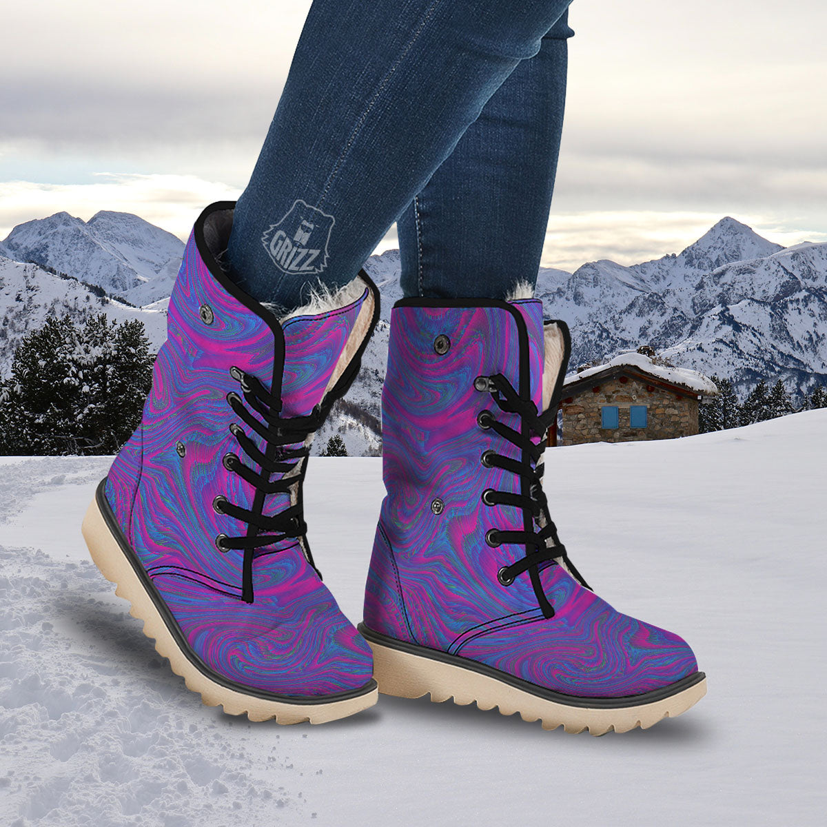 Trippy Psychedelic Purple Print Snow Boots-grizzshop