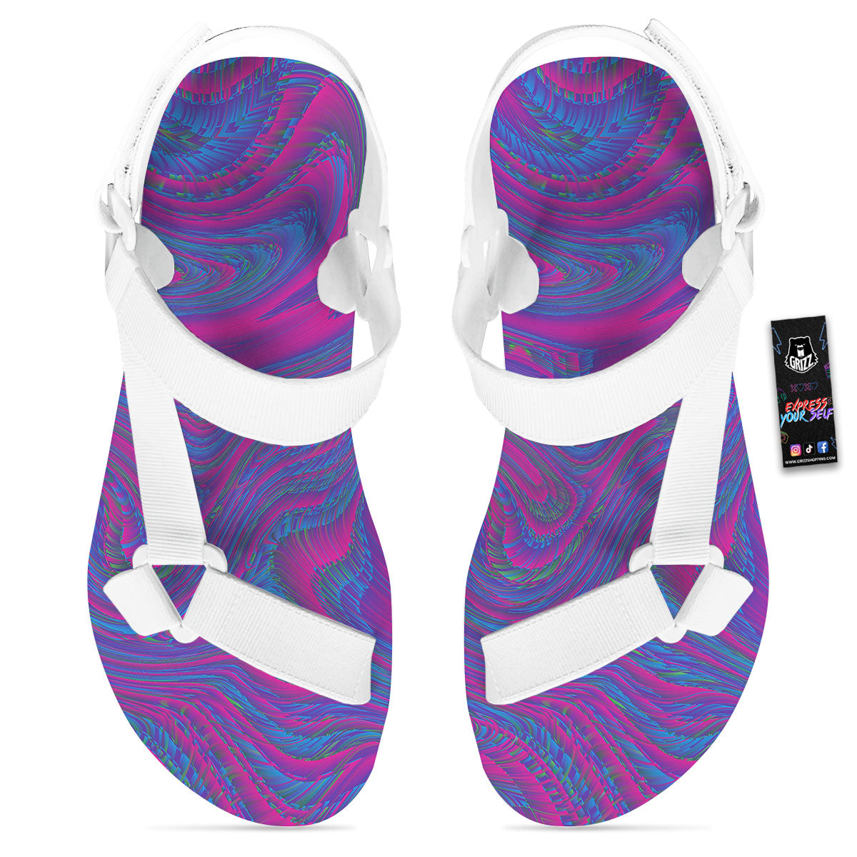 Trippy Psychedelic Purple Print White Open Toe Sandals-grizzshop