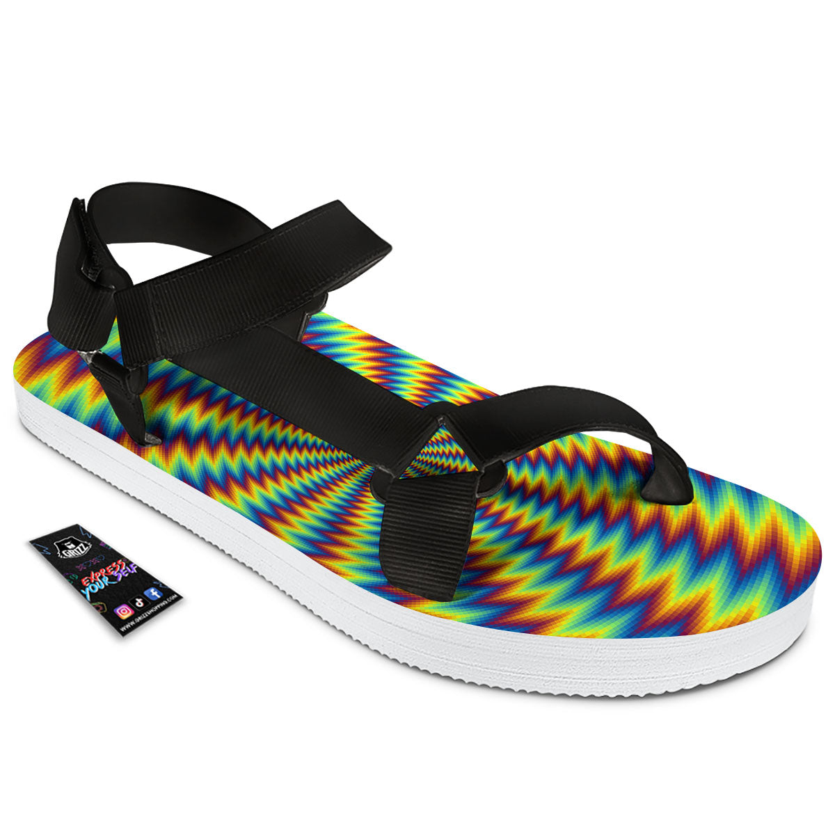 Trippy Psychedelic Rainbow Print Black Open Toe Sandals-grizzshop