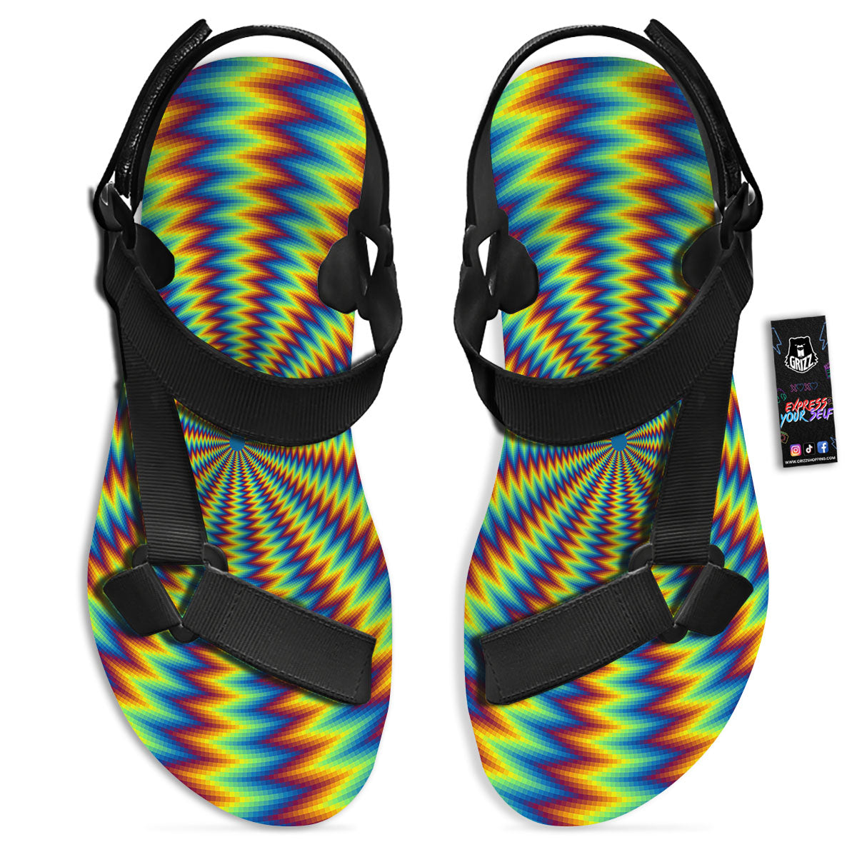 Trippy Psychedelic Rainbow Print Black Open Toe Sandals-grizzshop