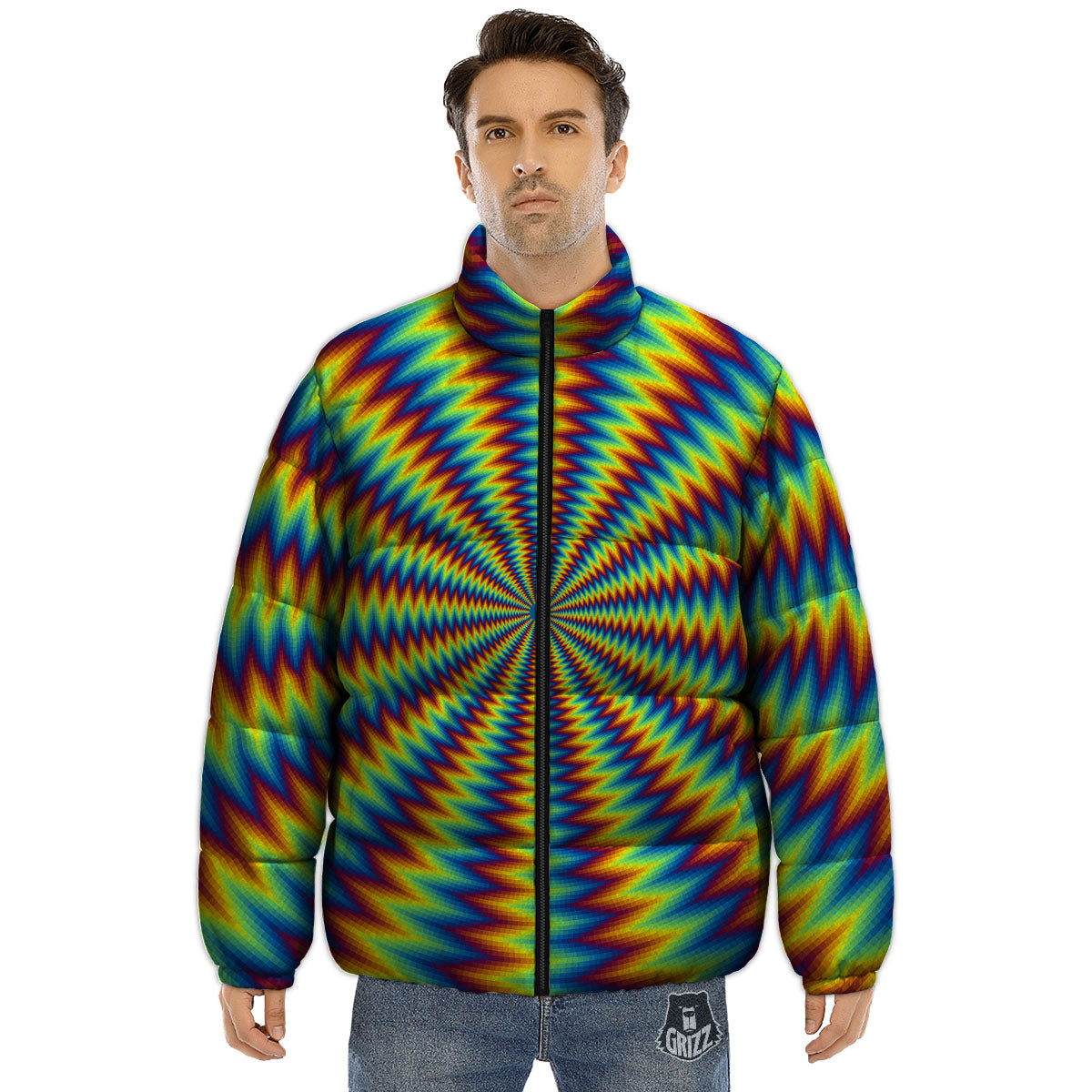 Trippy Psychedelic Rainbow Print Puffer Jacket-grizzshop