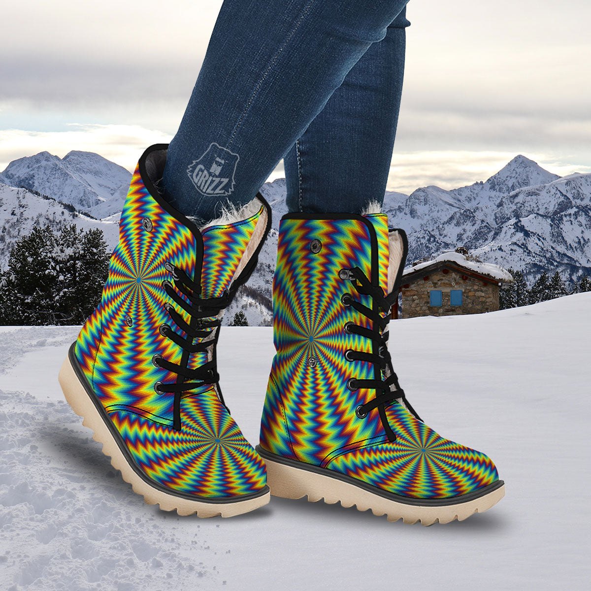 Trippy Psychedelic Rainbow Print Snow Boots-grizzshop