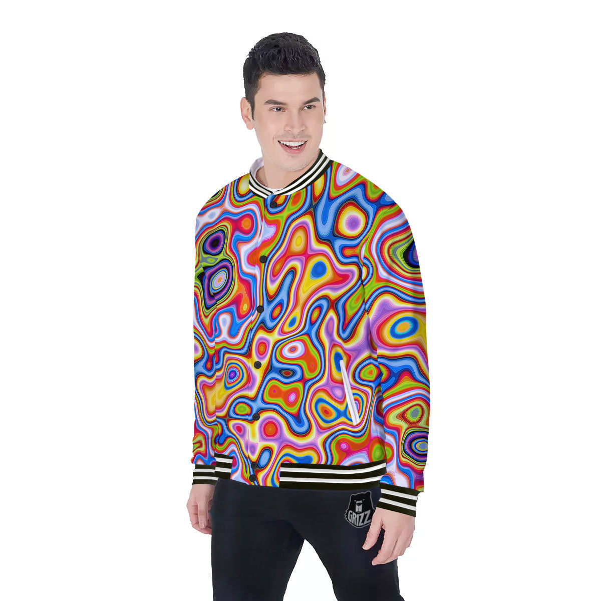 Trippy Rainbow Psychedelic Print Baseball Jacket-grizzshop