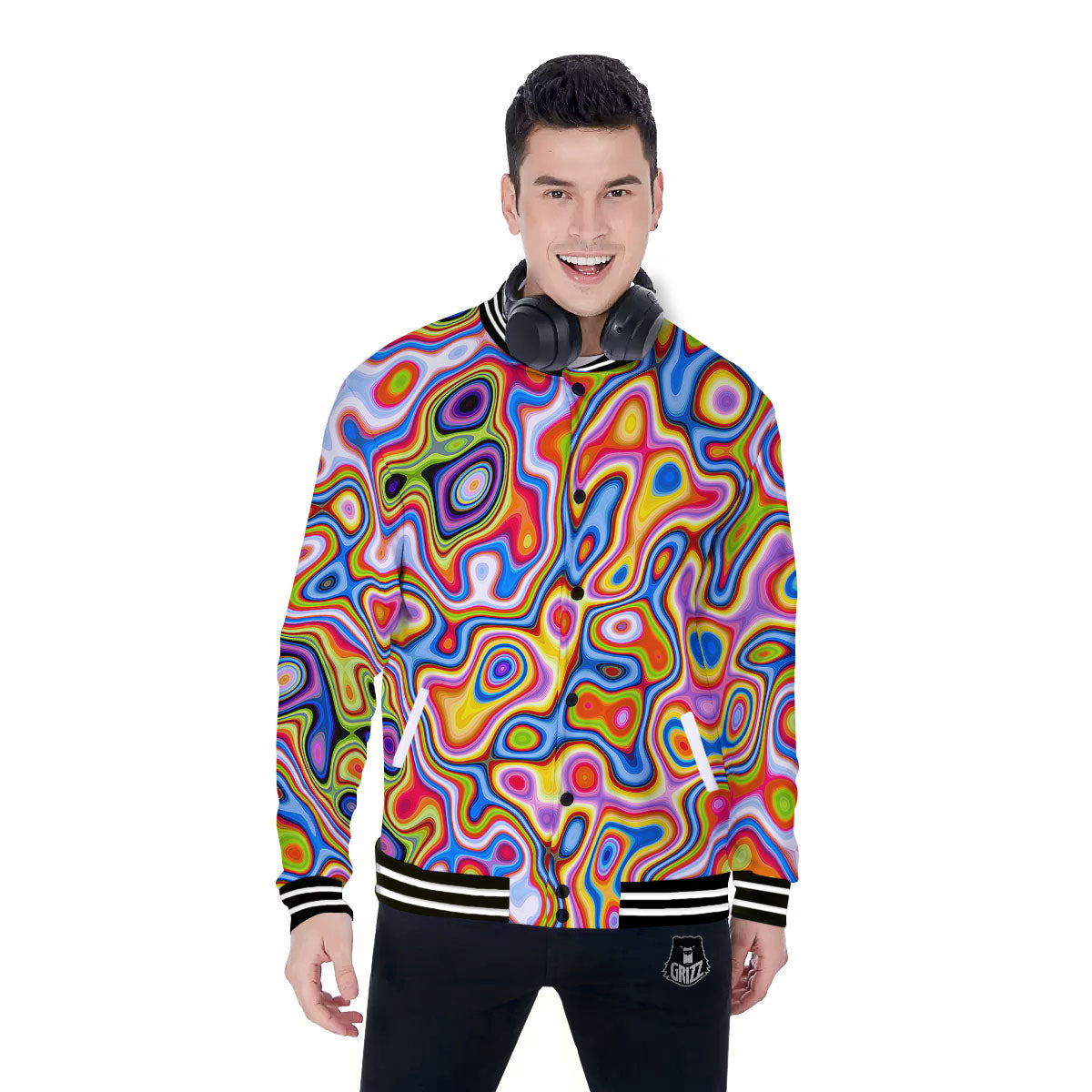 Trippy Rainbow Psychedelic Print Baseball Jacket-grizzshop