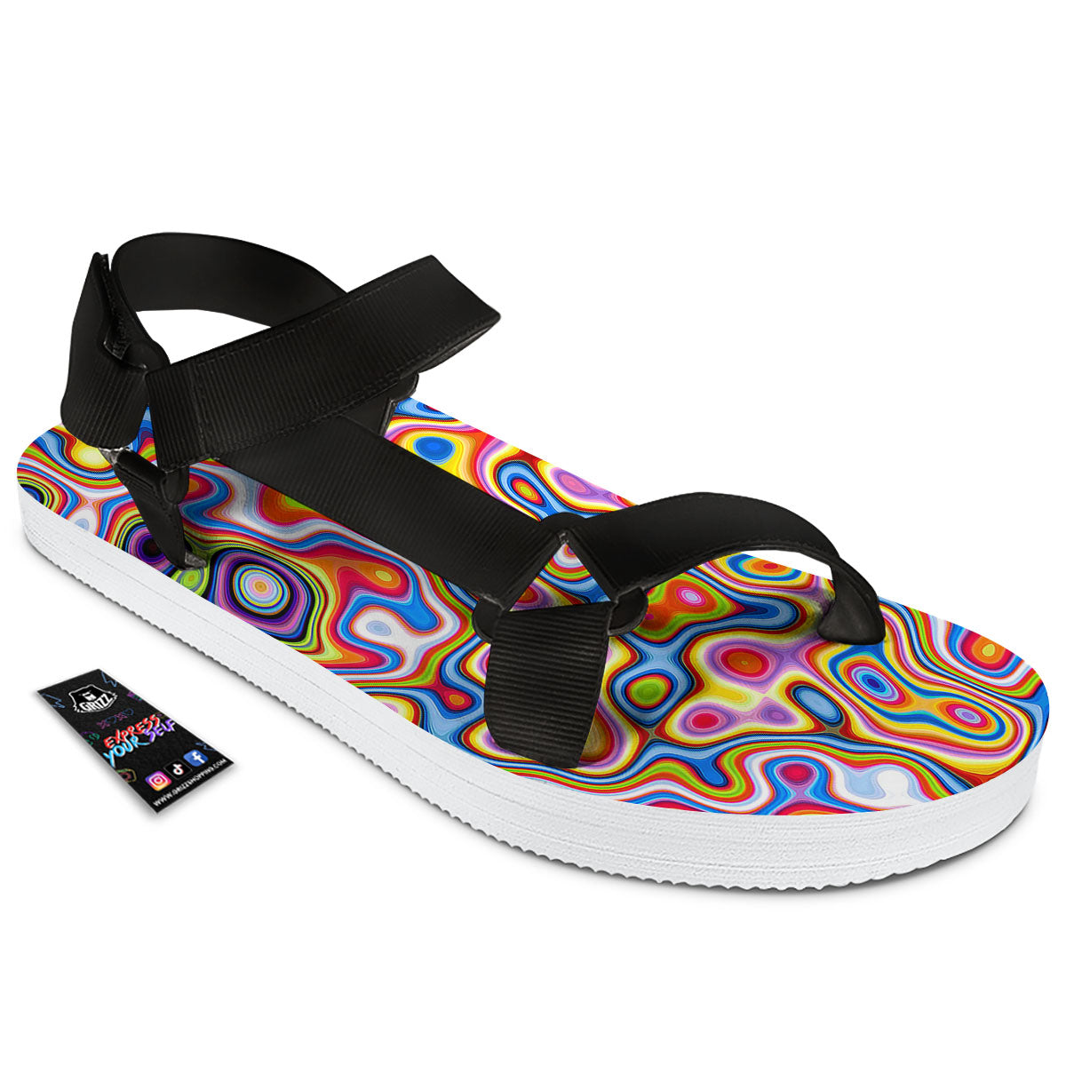 Trippy Rainbow Psychedelic Print Black Open Toe Sandals-grizzshop