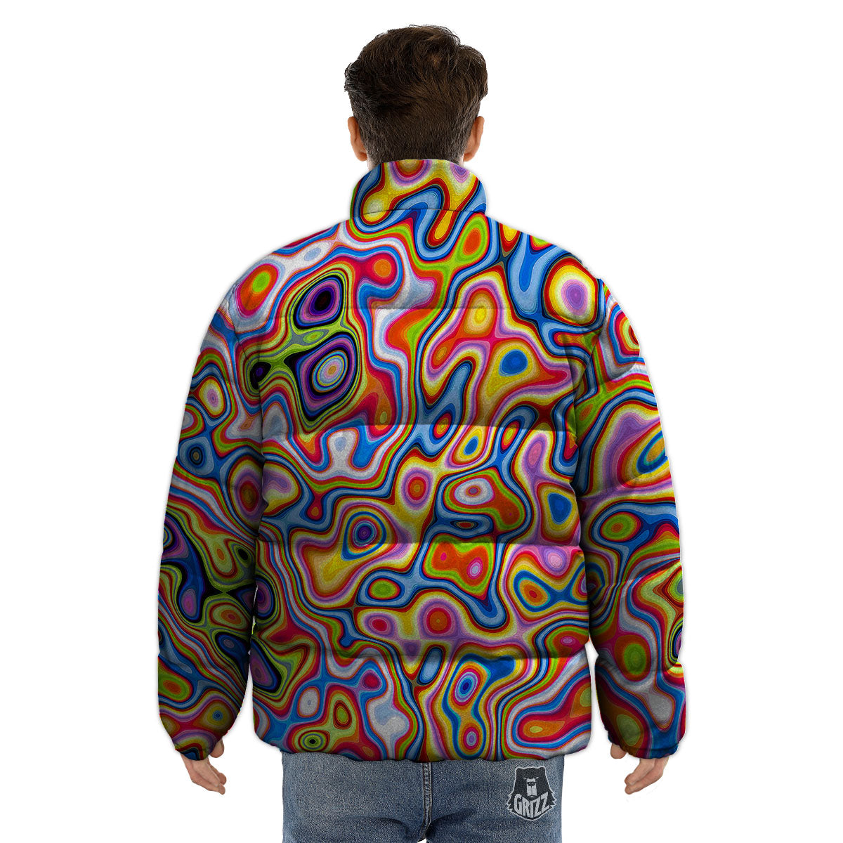 Trippy Rainbow Psychedelic Print Puffer Jacket-grizzshop