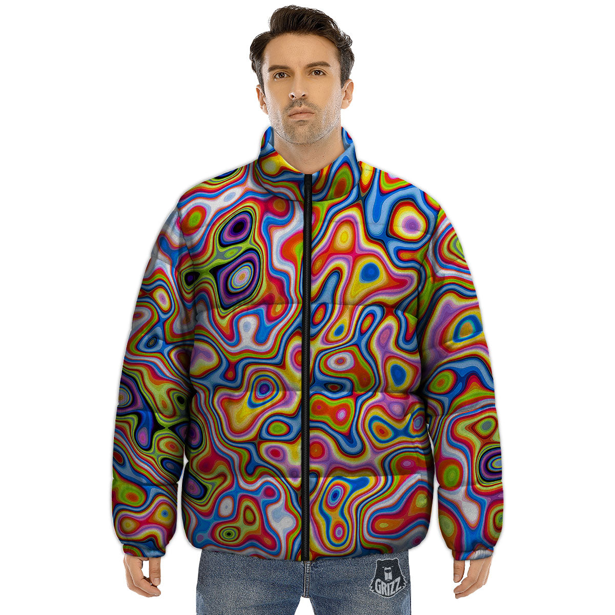 Trippy Rainbow Psychedelic Print Puffer Jacket-grizzshop