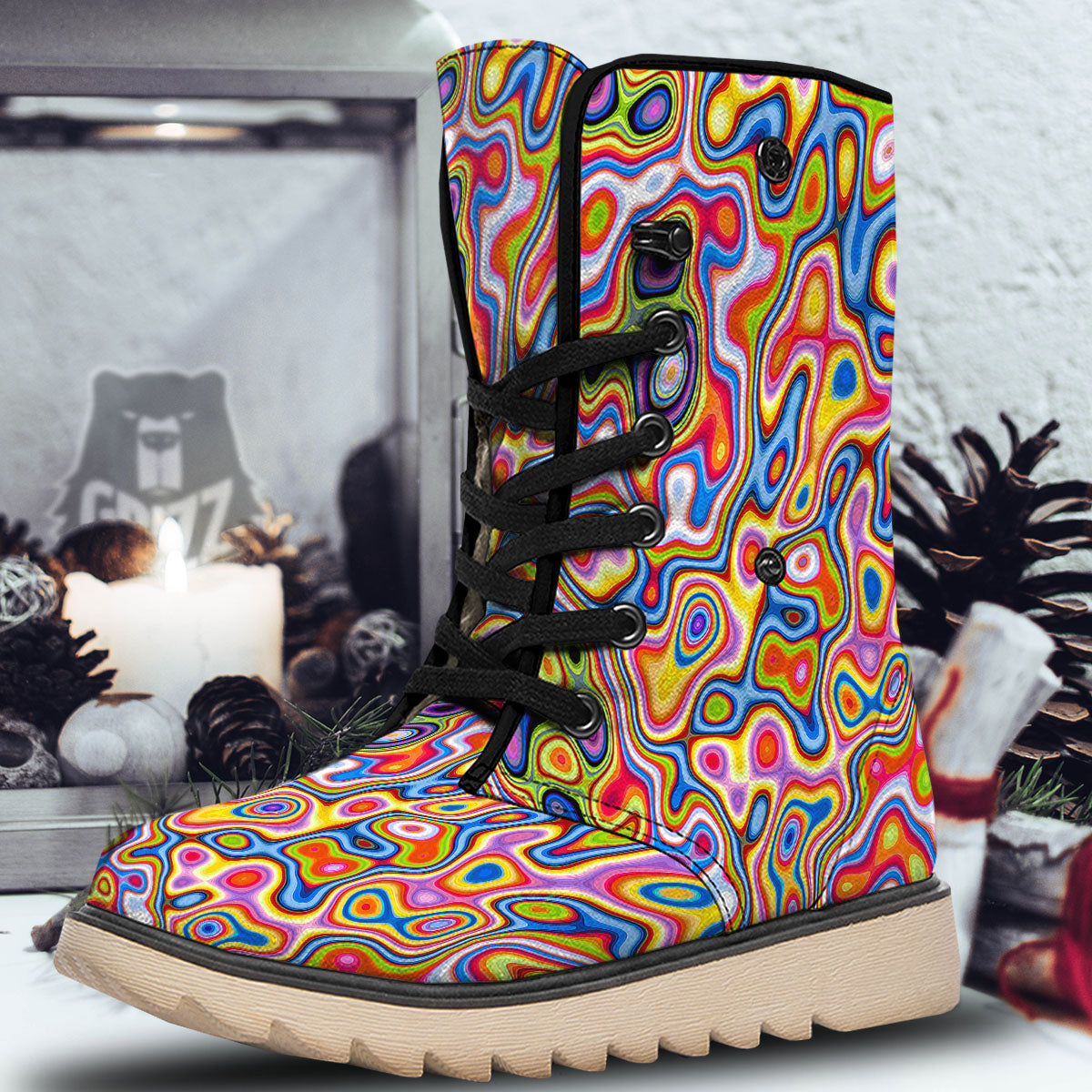 Trippy Rainbow Psychedelic Print Snow Boots-grizzshop