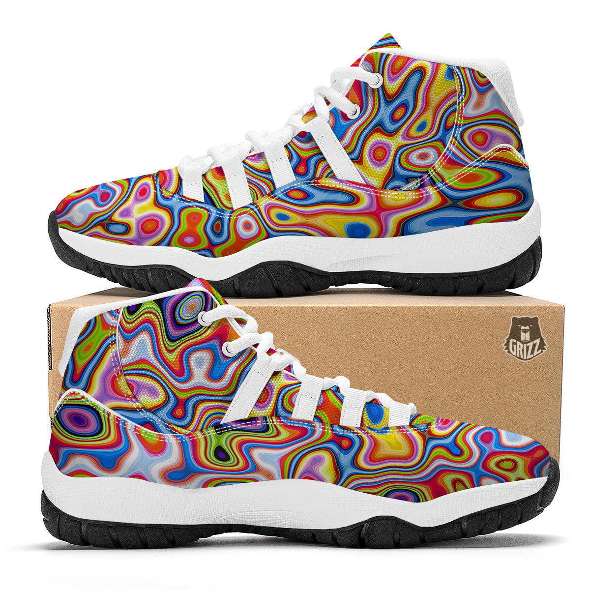 Trippy Rainbow Psychedelic Print White Bball Shoes-grizzshop