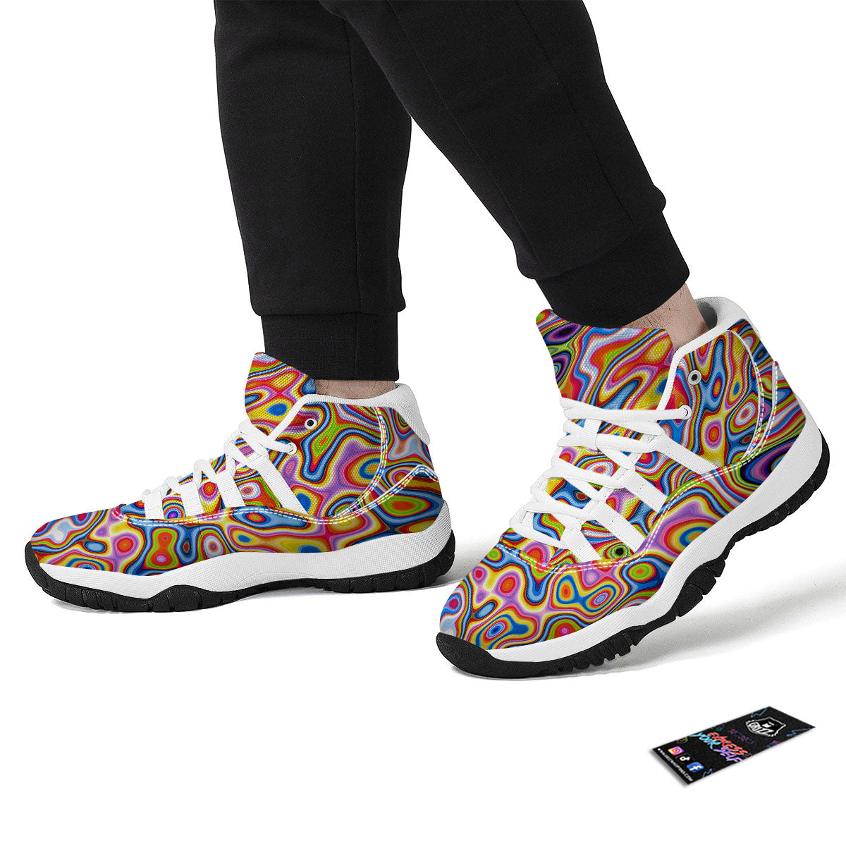 Trippy Rainbow Psychedelic Print White Bball Shoes-grizzshop