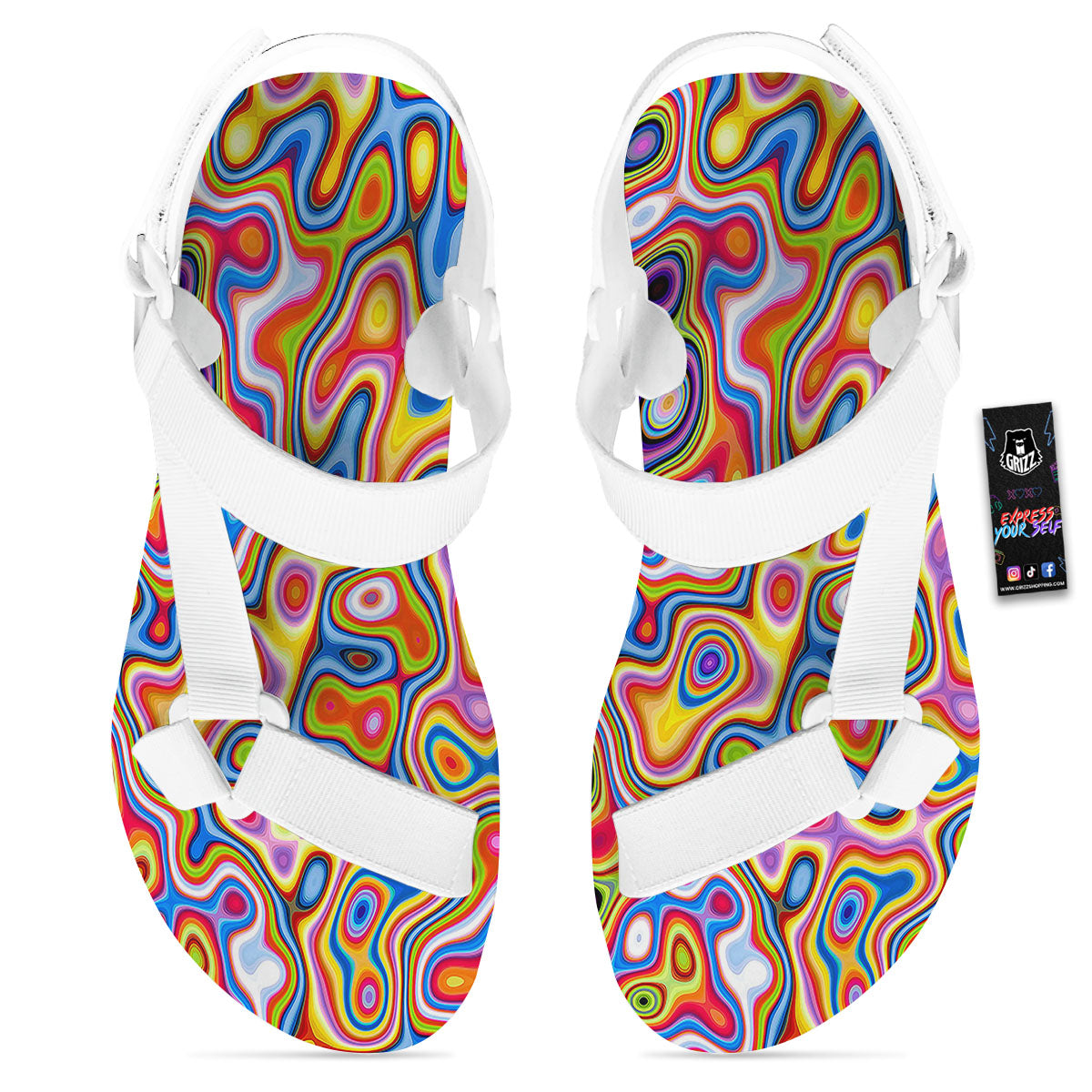 Trippy Rainbow Psychedelic Print White Open Toe Sandals-grizzshop