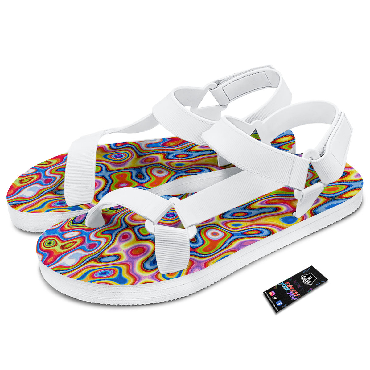 Trippy Rainbow Psychedelic Print White Open Toe Sandals-grizzshop