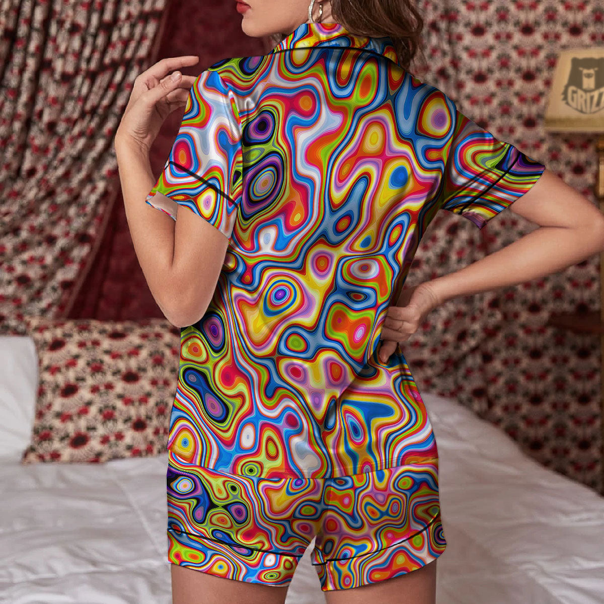 Trippy Rainbow Psychedelic Print Women Silk Pajamas-grizzshop