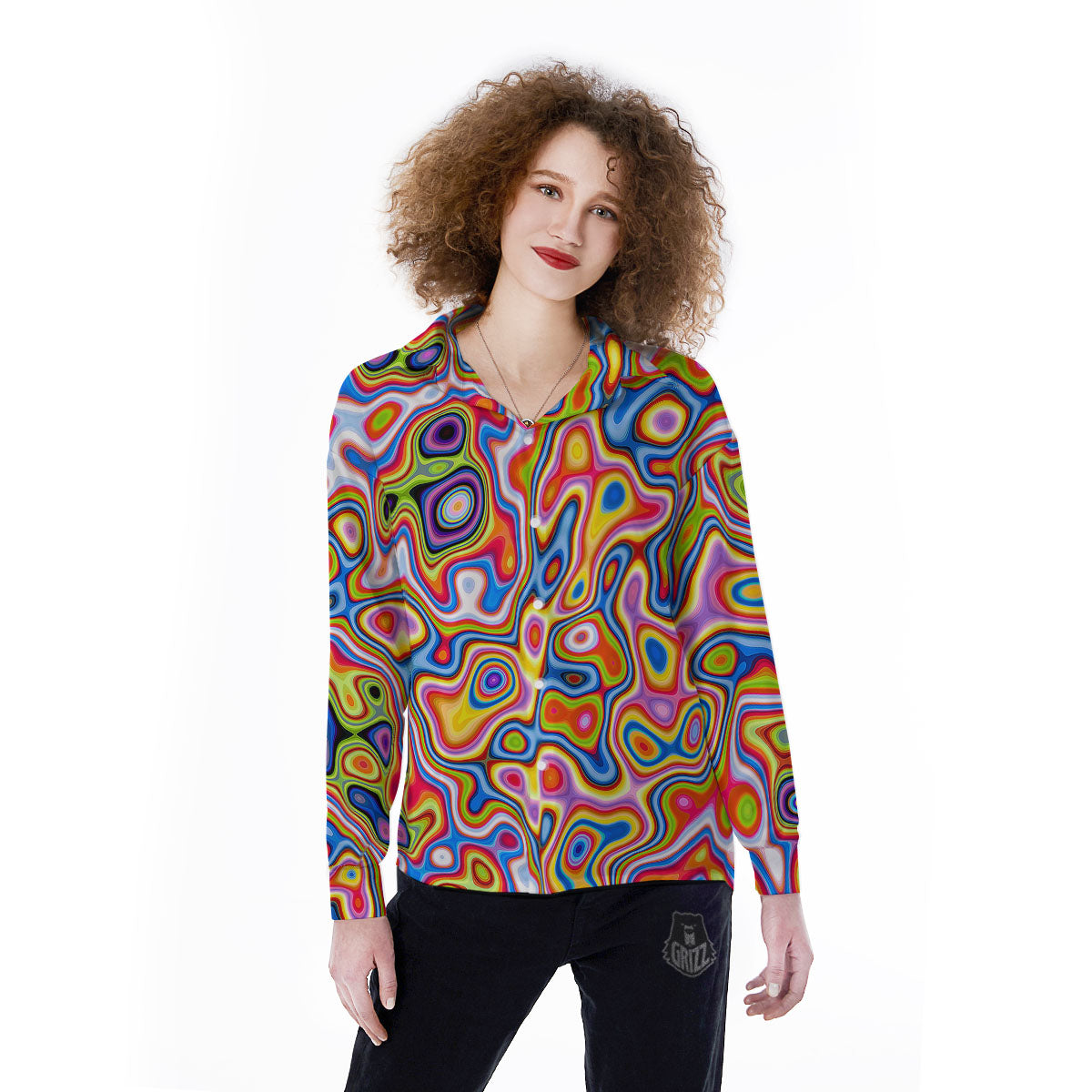 Trippy Rainbow Psychedelic Print Women's Long Sleeve Shirts-grizzshop