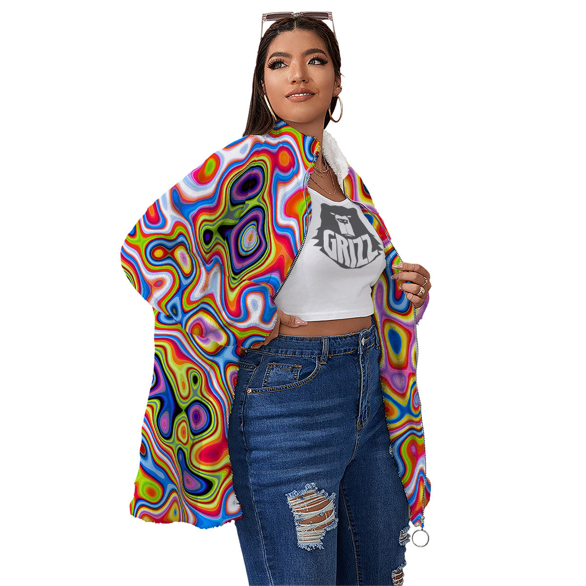 Trippy Rainbow Psychedelic Print Women's Sherpa Jacket-grizzshop