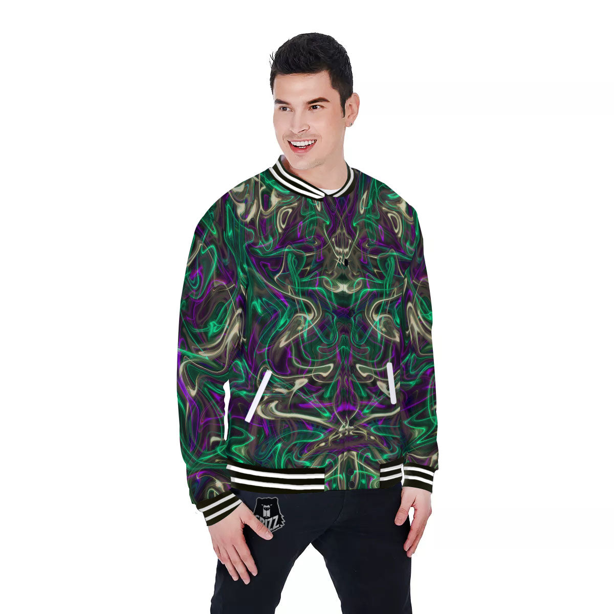 Trippy Smoke Psychedelic Print Baseball Jacket-grizzshop