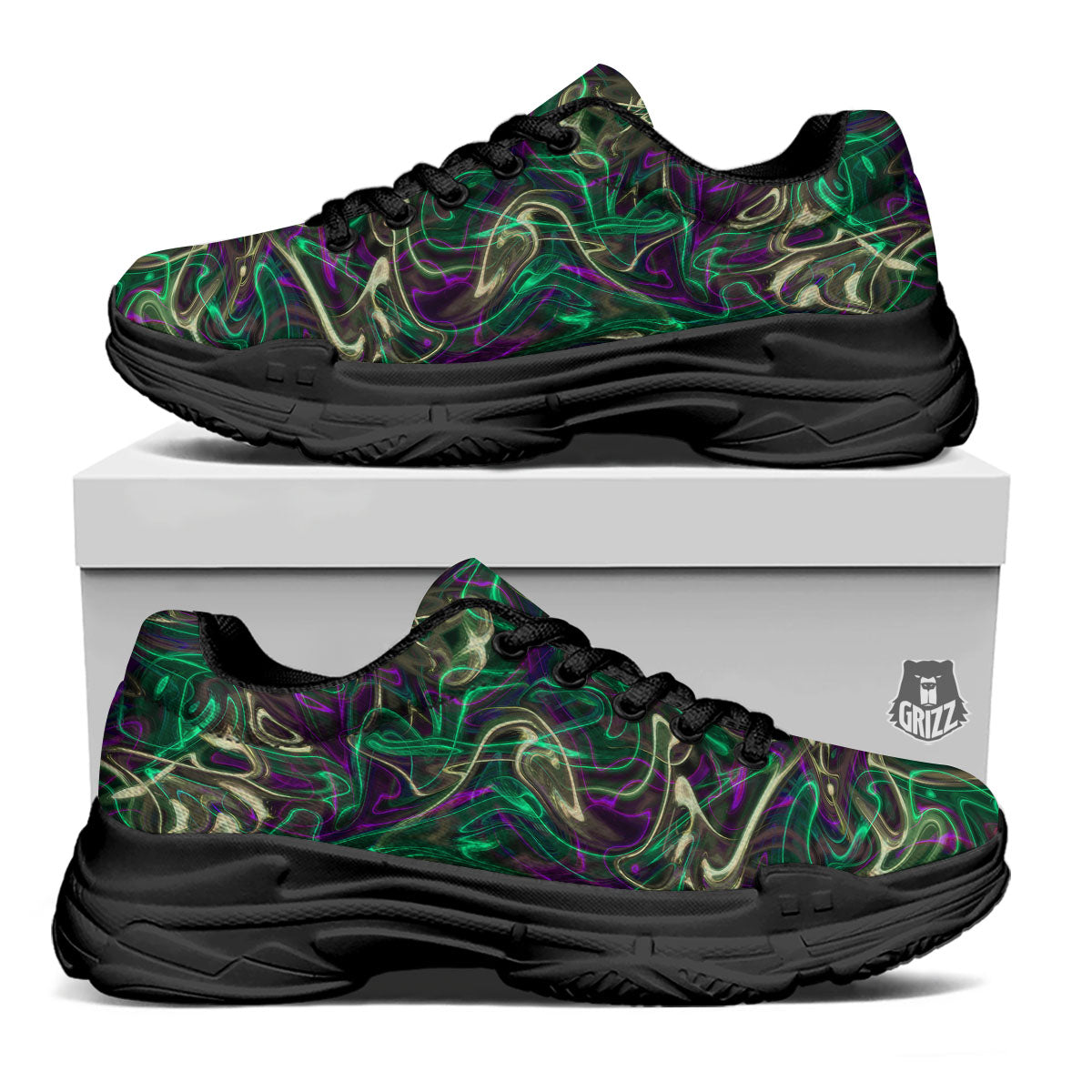 Trippy Smoke Psychedelic Print Black Chunky Shoes-grizzshop