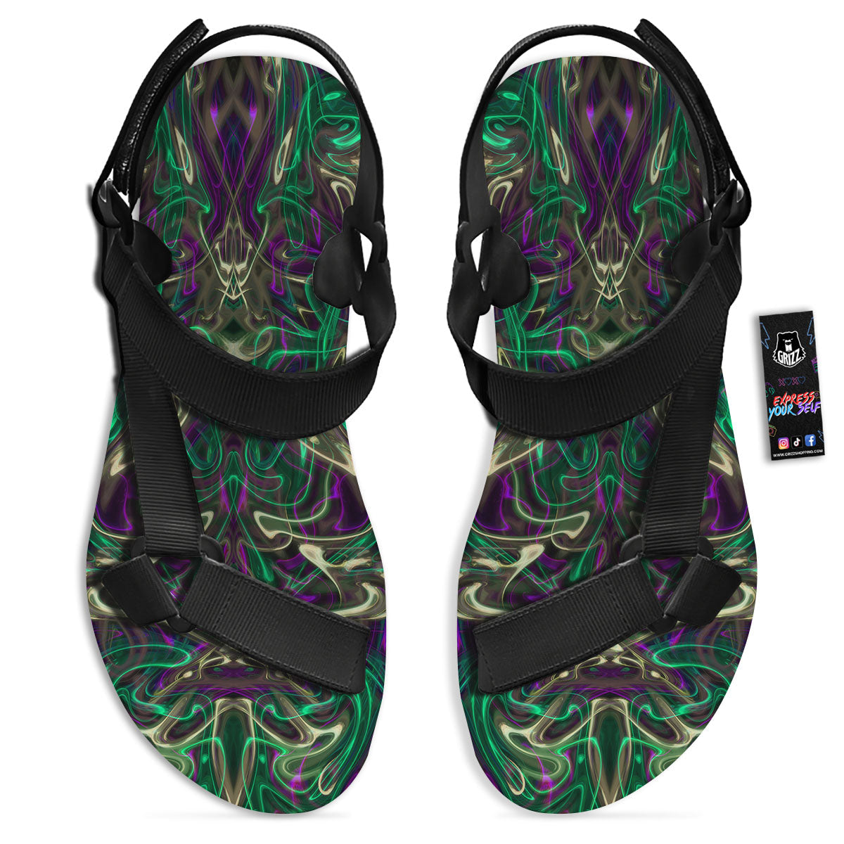 Trippy Smoke Psychedelic Print Black Open Toe Sandals-grizzshop