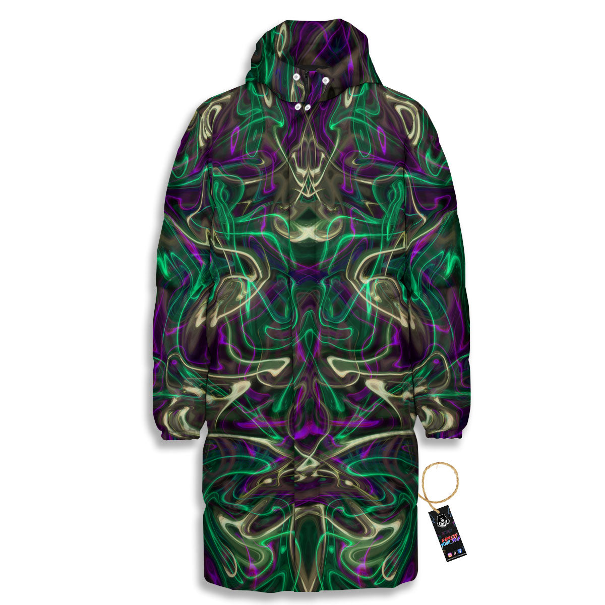 Trippy Smoke Psychedelic Print Long Down Jacket-grizzshop