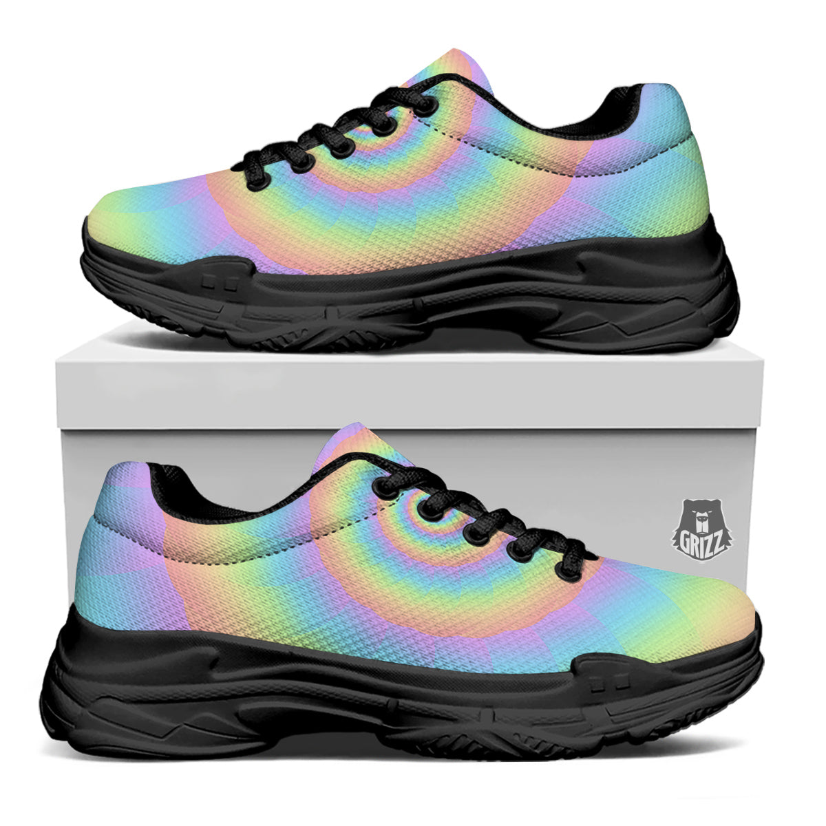 Trippy Spiral Colorful Print Black Chunky Shoes-grizzshop