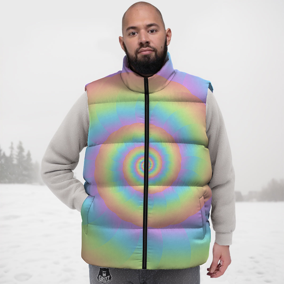 Trippy Spiral Colorful Print Down Vest