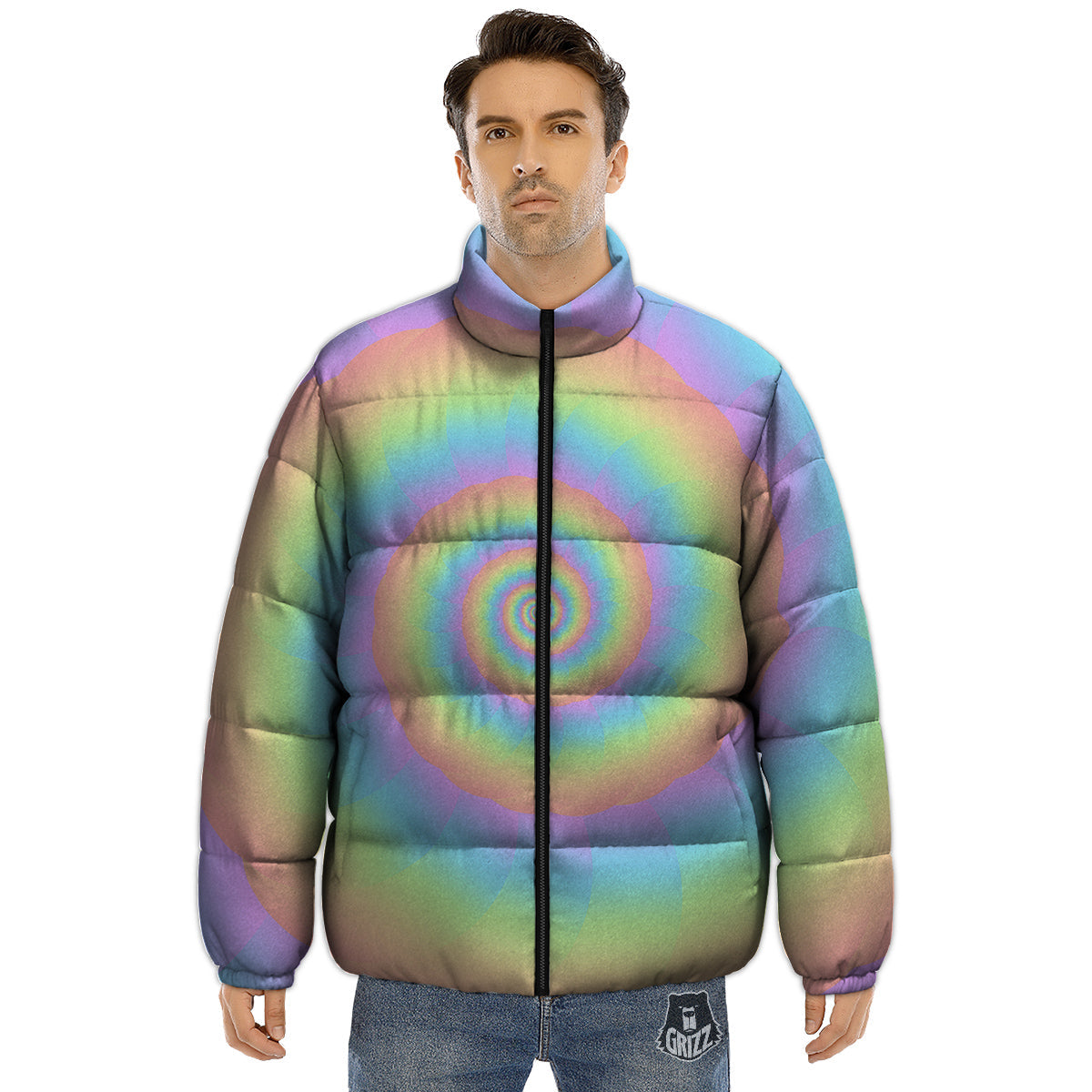 Trippy Spiral Colorful Print Puffer Jacket-grizzshop