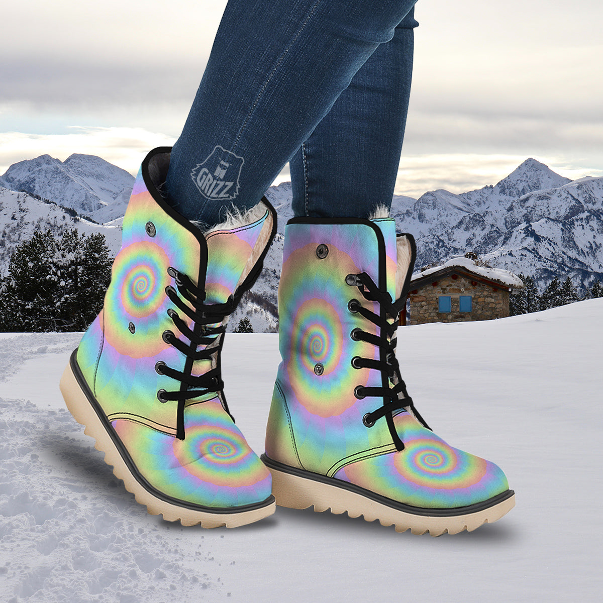 Trippy Spiral Colorful Print Snow Boots-grizzshop