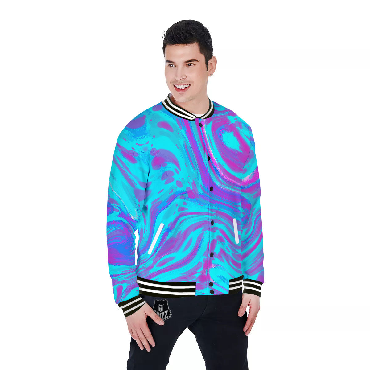 Trippy Turquoise Holographic Print Baseball Jacket-grizzshop
