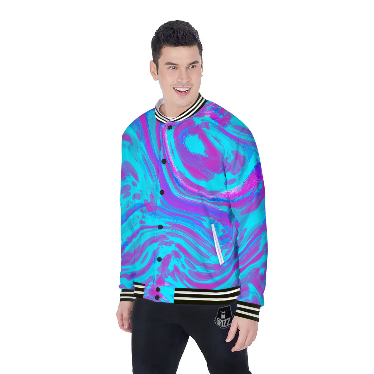 Trippy Turquoise Holographic Print Baseball Jacket-grizzshop