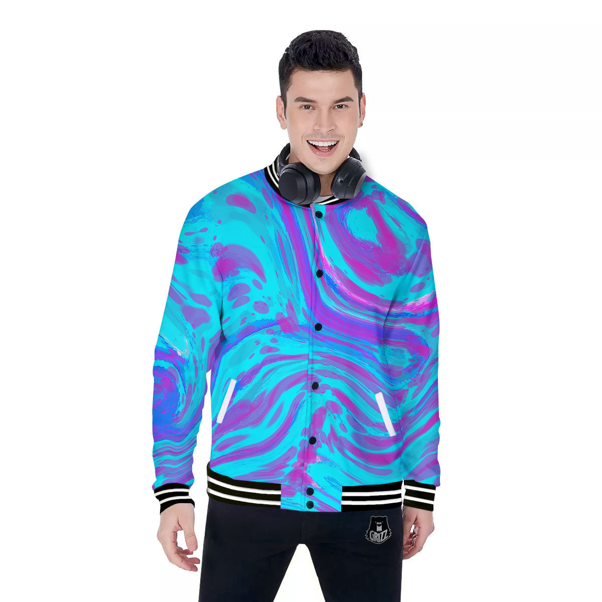 Trippy Turquoise Holographic Print Baseball Jacket-grizzshop
