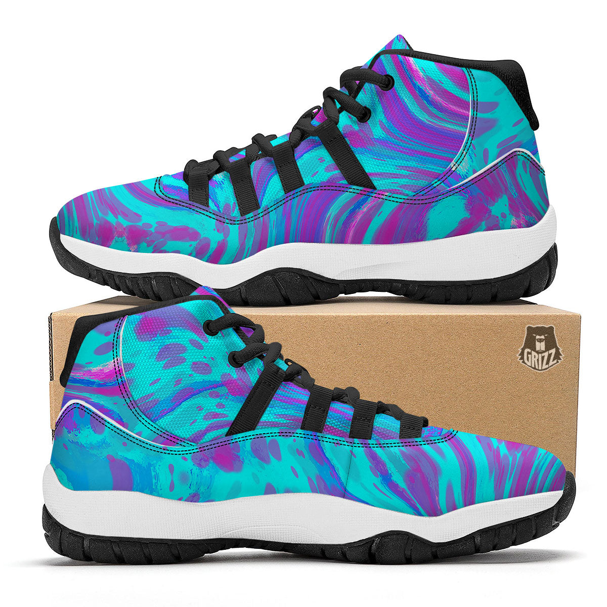 Trippy Turquoise Holographic Print Black Bball Shoes-grizzshop