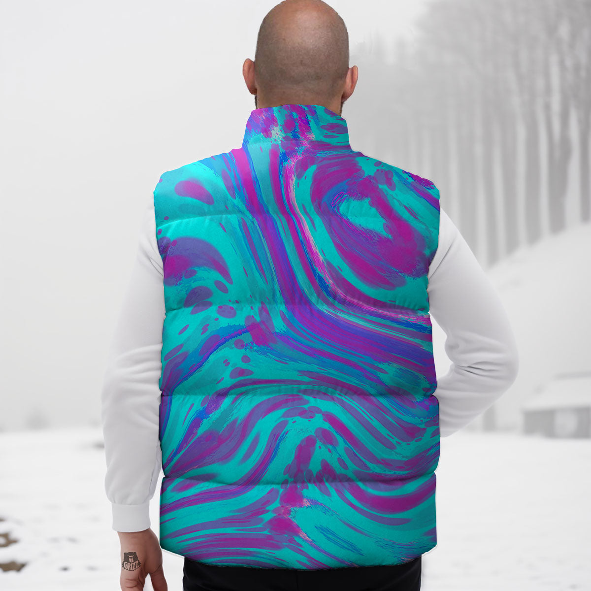 Trippy Turquoise Holographic Print Down Vest