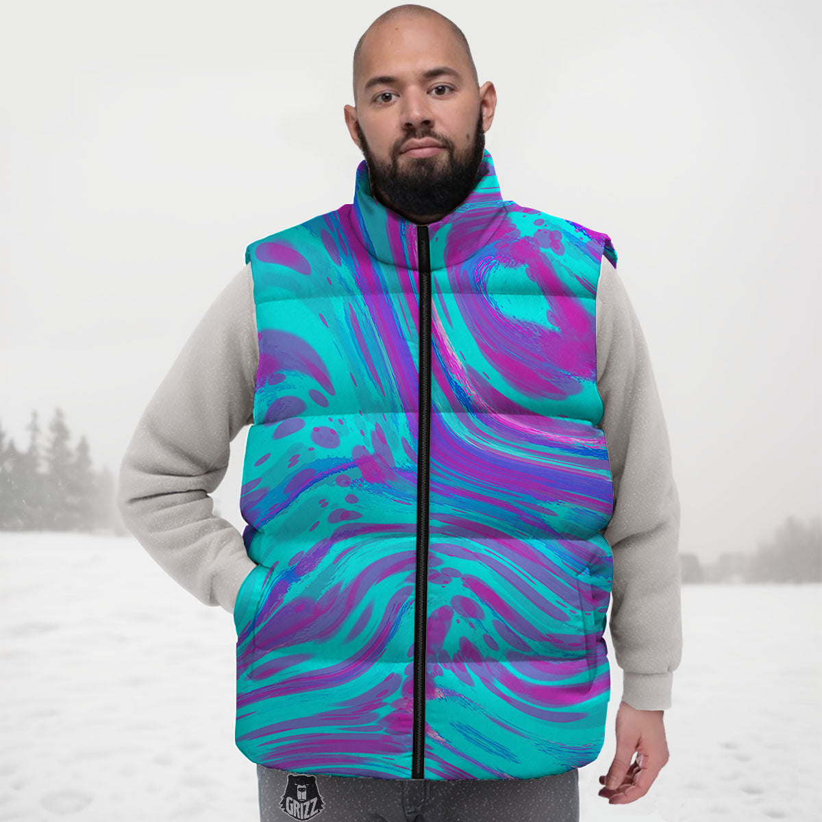 Trippy Turquoise Holographic Print Down Vest