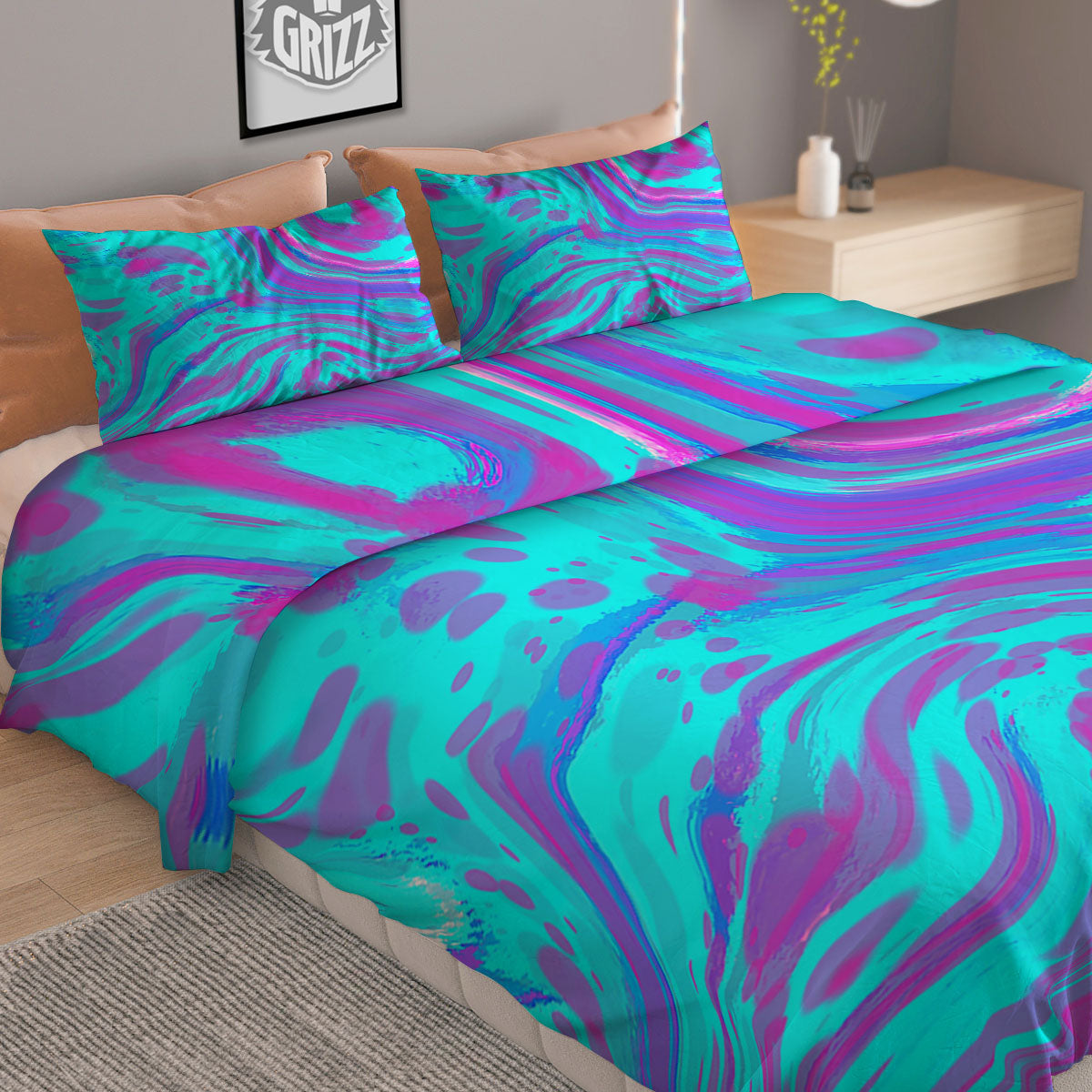 Trippy Turquoise Holographic Print Duvet Cover Bedding Set
