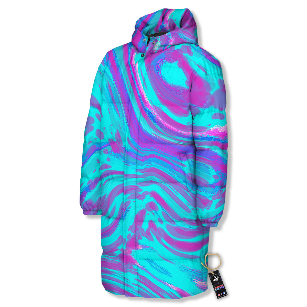 Trippy Turquoise Holographic Print Long Down Jacket-grizzshop