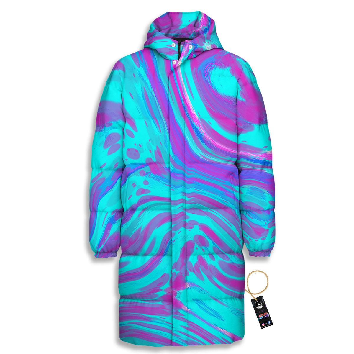 Trippy Turquoise Holographic Print Long Down Jacket-grizzshop