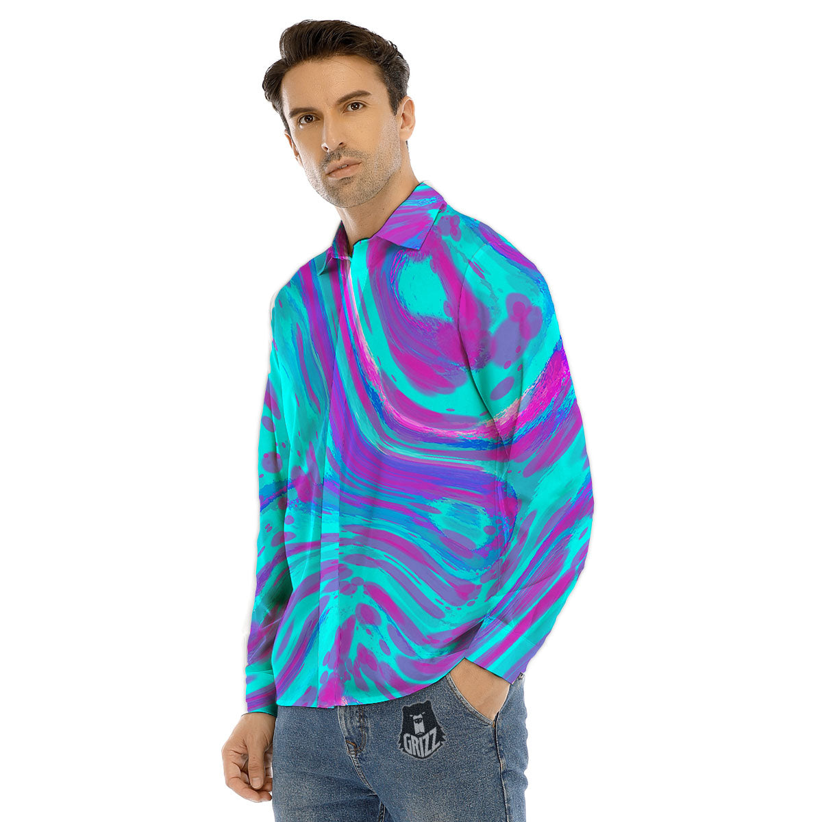 Trippy Turquoise Holographic Print Men's Dress Shirts-grizzshop