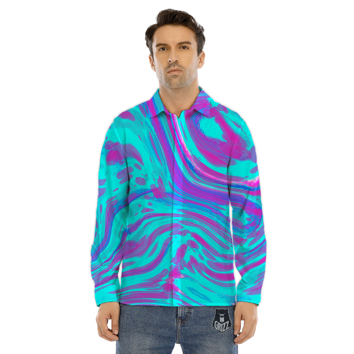 Trippy Turquoise Holographic Print Men's Dress Shirts-grizzshop