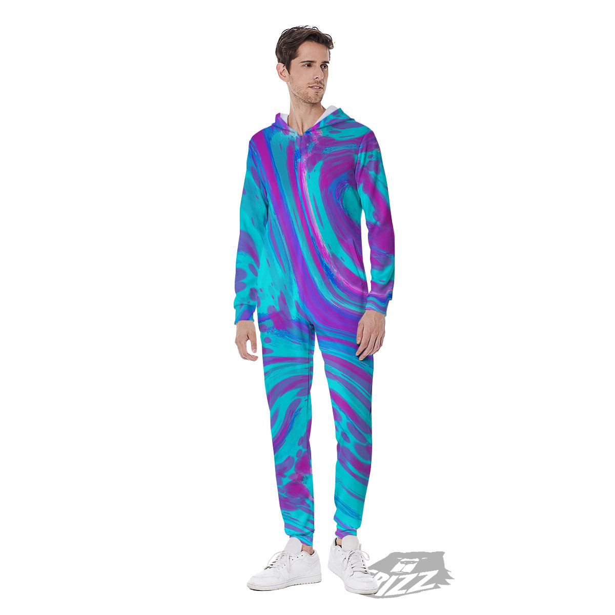 Trippy Turquoise Holographic Print Men's Jumpsuit-grizzshop