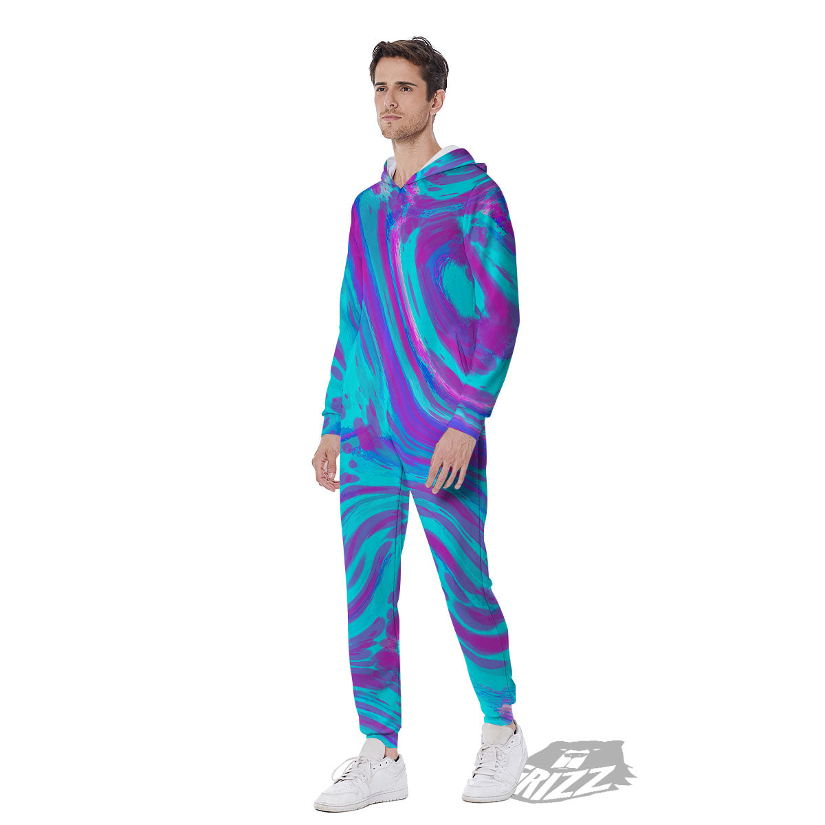 Trippy Turquoise Holographic Print Men's Jumpsuit-grizzshop