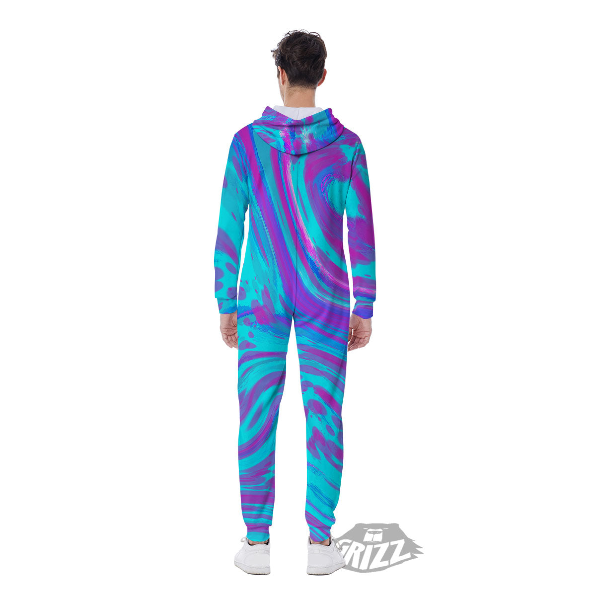 Trippy Turquoise Holographic Print Men's Jumpsuit-grizzshop