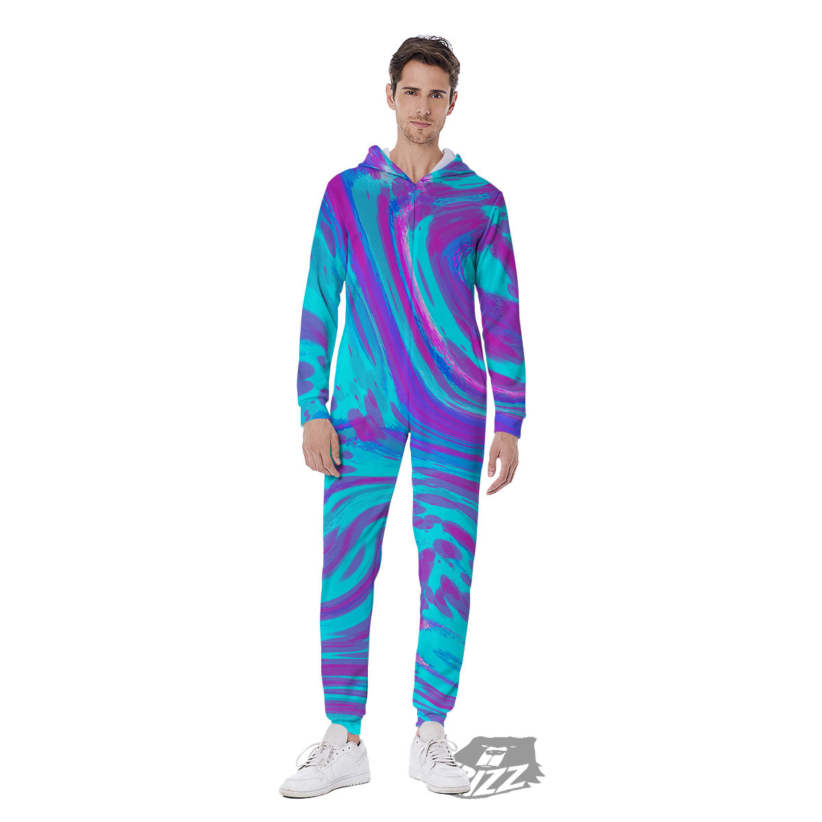 Trippy Turquoise Holographic Print Men's Jumpsuit-grizzshop
