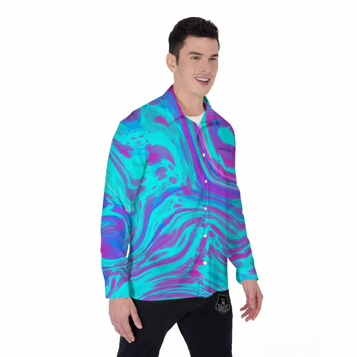 Trippy Turquoise Holographic Print Men's Long Sleeve Shirts-grizzshop