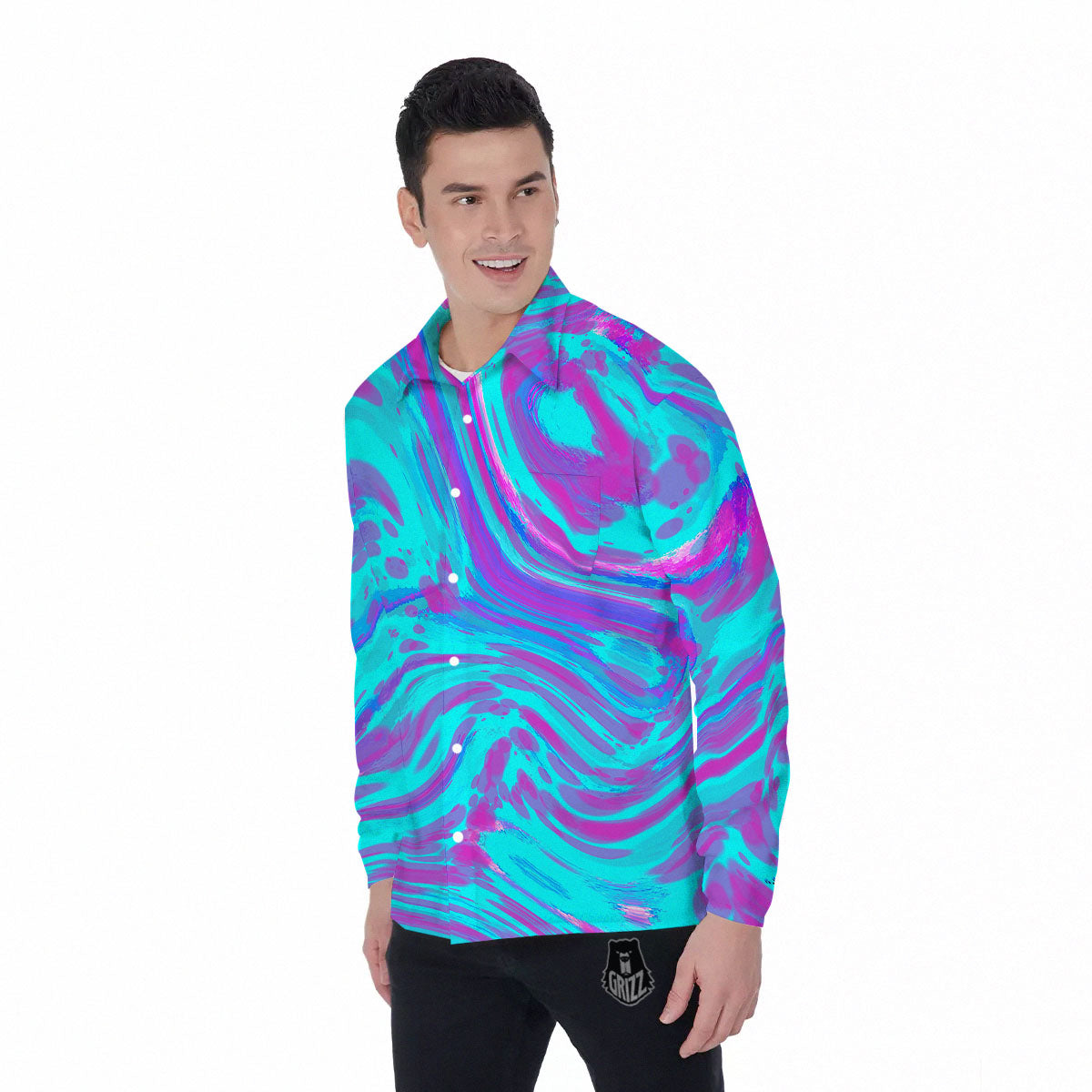 Trippy Turquoise Holographic Print Men's Long Sleeve Shirts-grizzshop