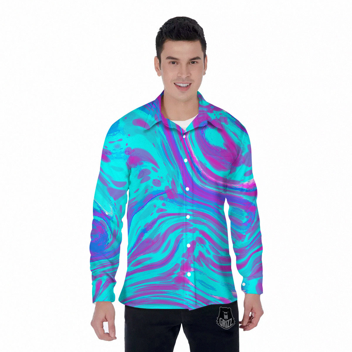 Trippy Turquoise Holographic Print Men's Long Sleeve Shirts-grizzshop