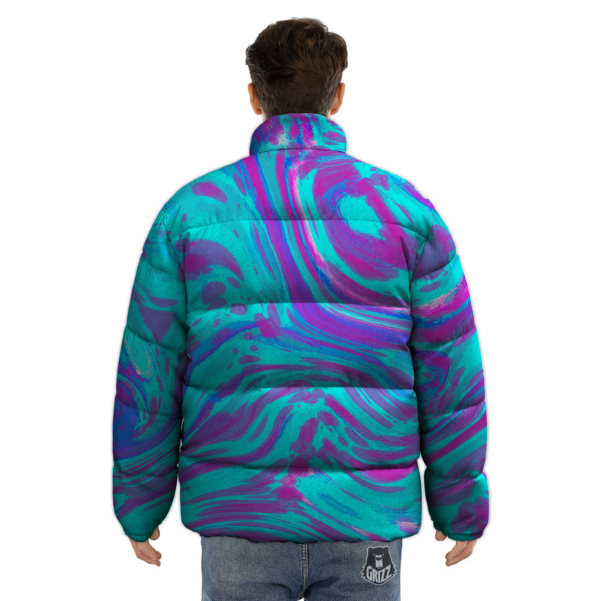 Trippy Turquoise Holographic Print Puffer Jacket-grizzshop