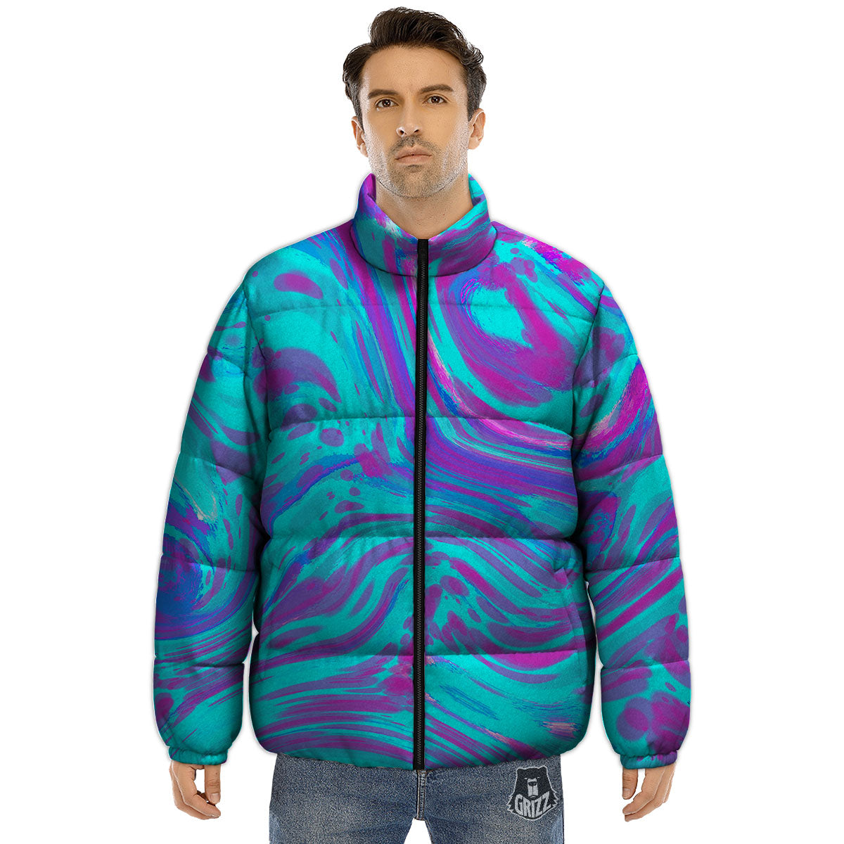 Trippy Turquoise Holographic Print Puffer Jacket-grizzshop
